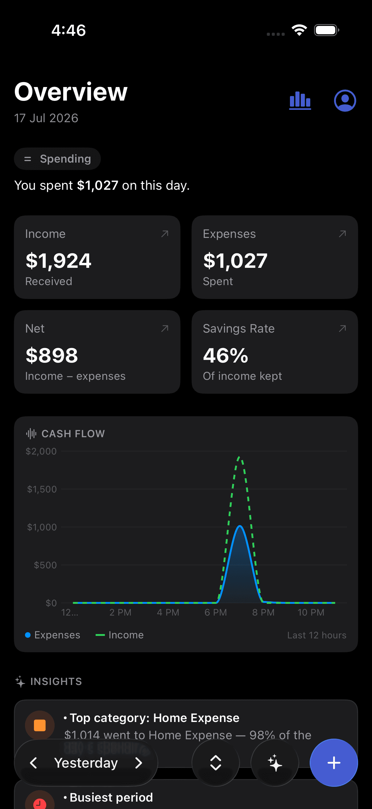 The Pursly app on iPhone, showing the expense dashboard with categorized spending and running income, expense, and net totals.