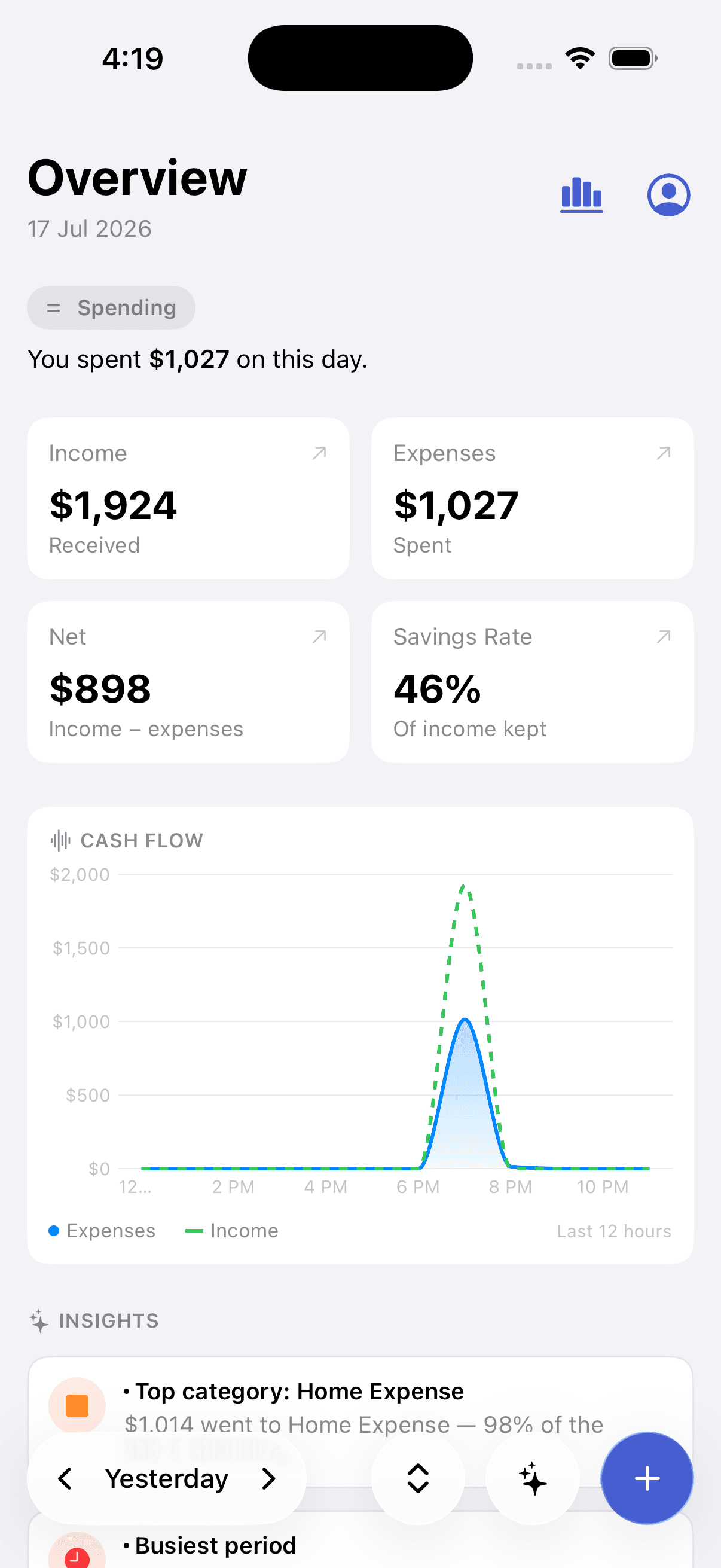 The Pursly app on iPhone, showing the expense dashboard with categorized spending and running income, expense, and net totals.